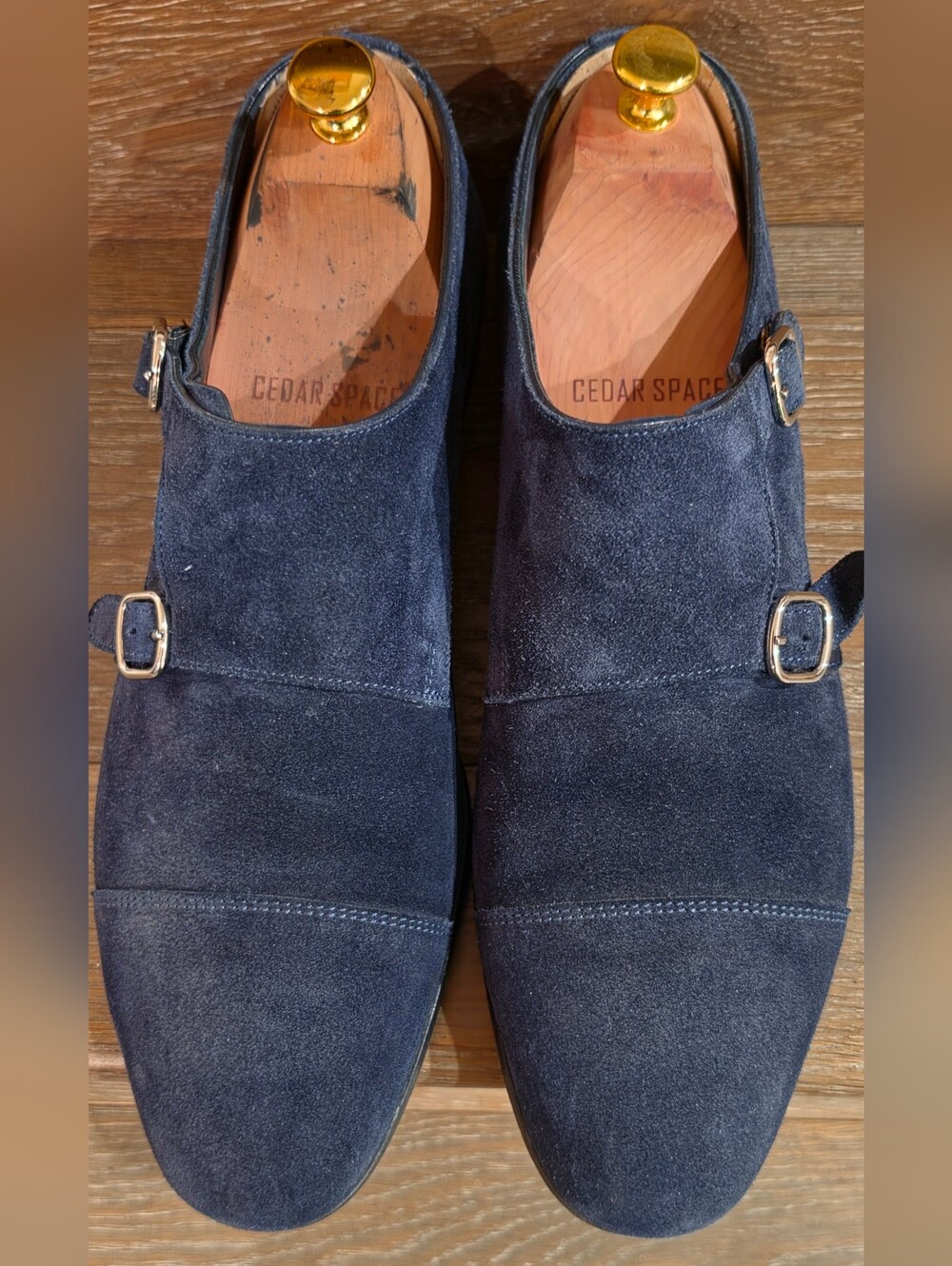 Santoni Navy Suede Double Monk Strap Shoes